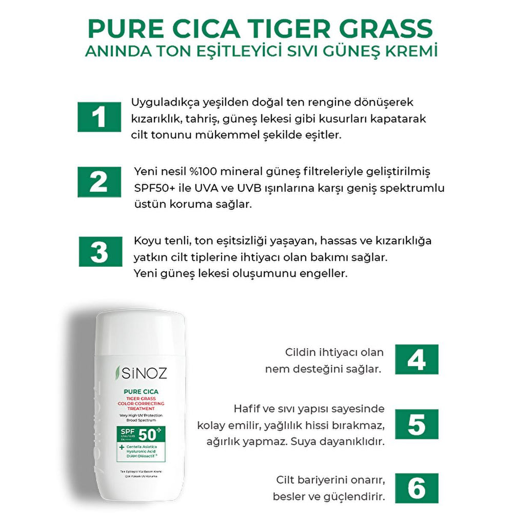 Sinoz Cica Tiger Grass Tinted Sunscreen SPF50+: Color Correcting, Redness Reducing Mineral Sunscreen with Hyaluronic Acid - Evens Skin Tone Sinoz Cica Tinted SPF50: Color Correcting, Redness Reducing tinted sunscreen, color correcting sunscreen, Cica sunscreen, tiger grass sunscreen, mineral sunscreen SPF50, redness reducing sunscreen, sunscreen for sensitive skin, tone evening sunscreen, Centella Asiatica sunscreen, hyaluronic acid sunscreen, SPF50, broad spectrum, redness, uneven skin tone, sensitive skin