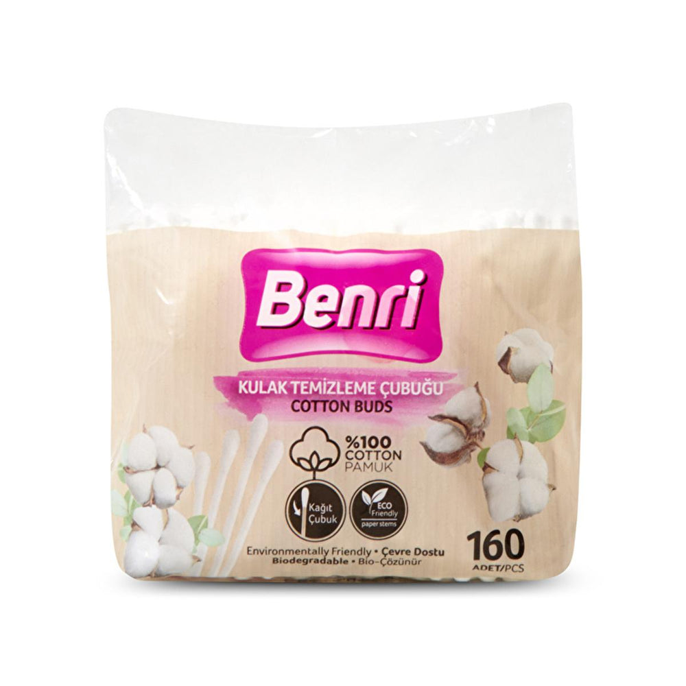 Benri Eco-Friendly Cotton Swabs with Paper Stick - 160 Count for Gentle Ear Cleaning & Hygiene