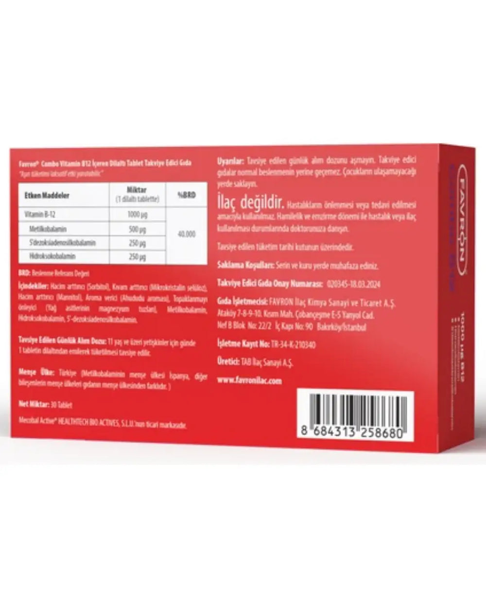Favron Combo Vitamin B12 Sublingual Supplement 30 Tablets