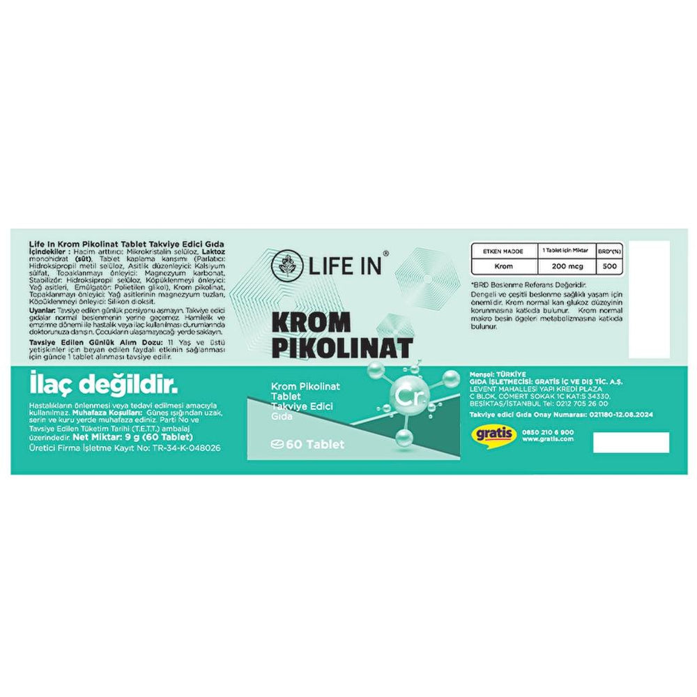 Life In Chromium Picolinate Dietary Supplement 60 Tablets
