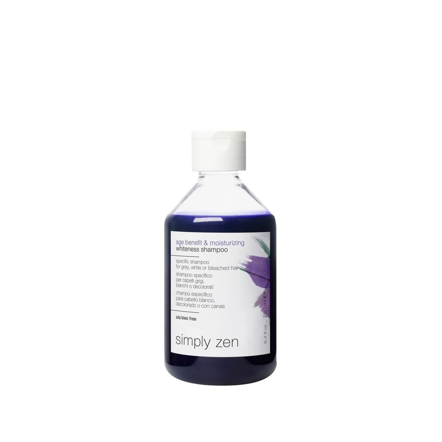Simply Zen Age Benefit & Moisturizing Whiteness Shampoo: Brighten Grey & Blonde Hair, Anti-Aging, 250ml Simply Zen Age Benefit Shampoo: Grey & Blonde Hair Brightening Age Benefit Shampoo, Moisturizing Shampoo, Whiteness Shampoo, Shampoo for Grey Hair, Shampoo for Blonde Hair, Simply Zen Shampoo, Hair Moisturizer, Anti-Aging Shampoo, shampoo, hair care, grey hair, blonde hair, aging hair, dry hair, moisturizing, whiteness enhancing, brightening, color treated hair, 250ml, hair cleanser, hair health, hair app