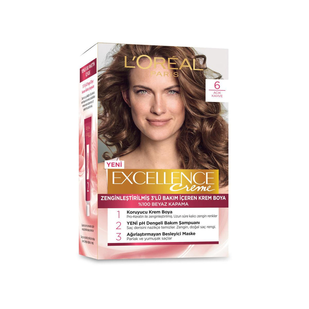 L'Oreal Paris Excellence Creme Hair Dye - 6 Light Brown: 100% Grey Coverage, Keratin & Ceramide for Rich, Long-Lasting Color L'Oreal Hair Dye: 6 Light Brown, Grey Coverage + Keratin hair dye, hair color, grey coverage, permanent hair color, Loreal hair dye, light brown hair dye, at home hair color, hair dye with keratin, hair color with ceramide, hair dye for grey hair, hair coloring, hair treatment, hair care, keratin, ceramide, salon quality hair color, at-home hair color, gray hair solution, hair dye for