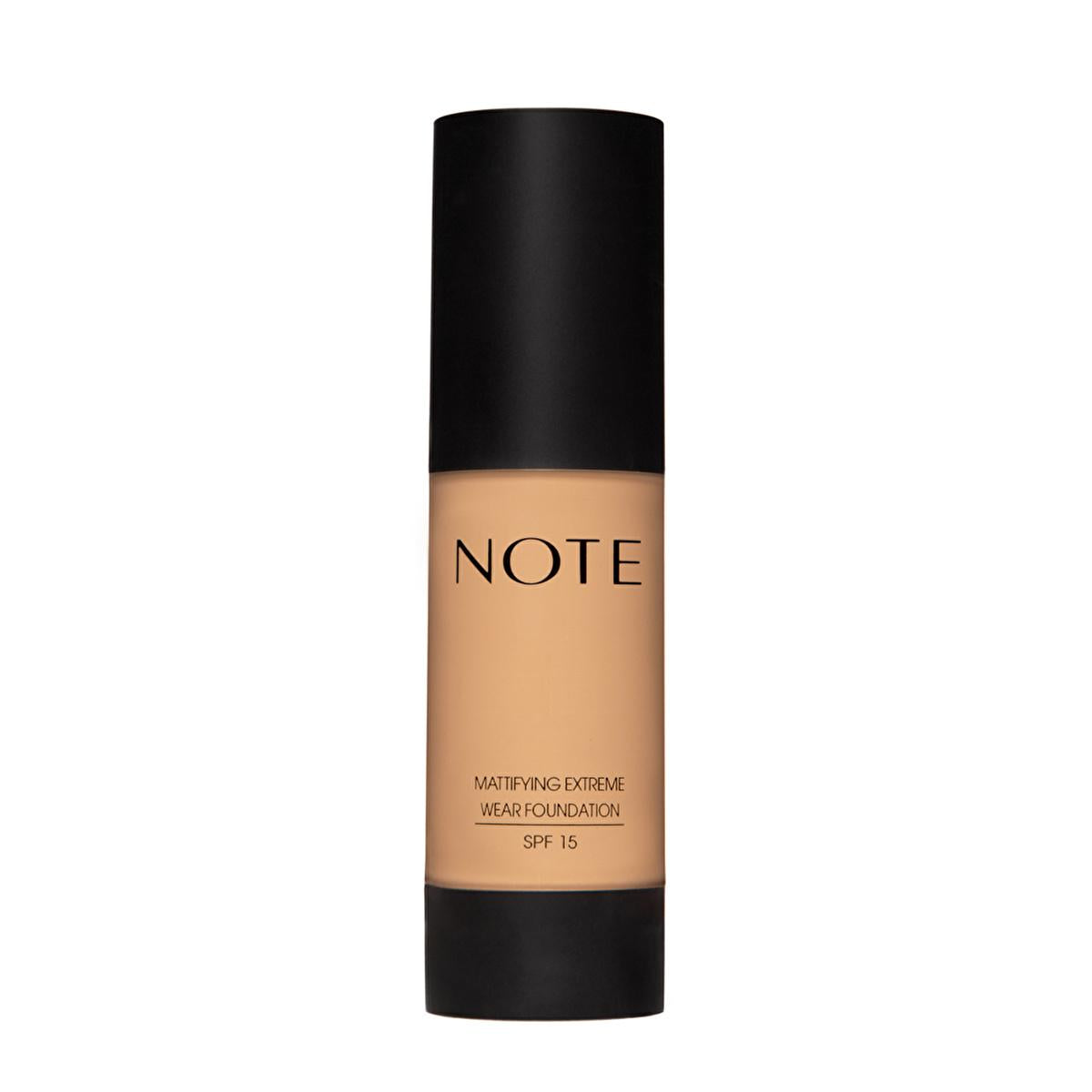 note extreme wear mattifying foundation 03 medium beige, packaging of note foundation with pump, note foundation applied on skin swatch Note Extreme Wear Mattifying Foundation - 03 Medium Beige for Oily Skin | 1.18 fl. oz. Note Mattifying Foundation - 03 Medium Beige note, foundation, mattifying, makeup, oily-skin, spf15, paraben-free, dermatologically-tested, ai-generated, medium-beige