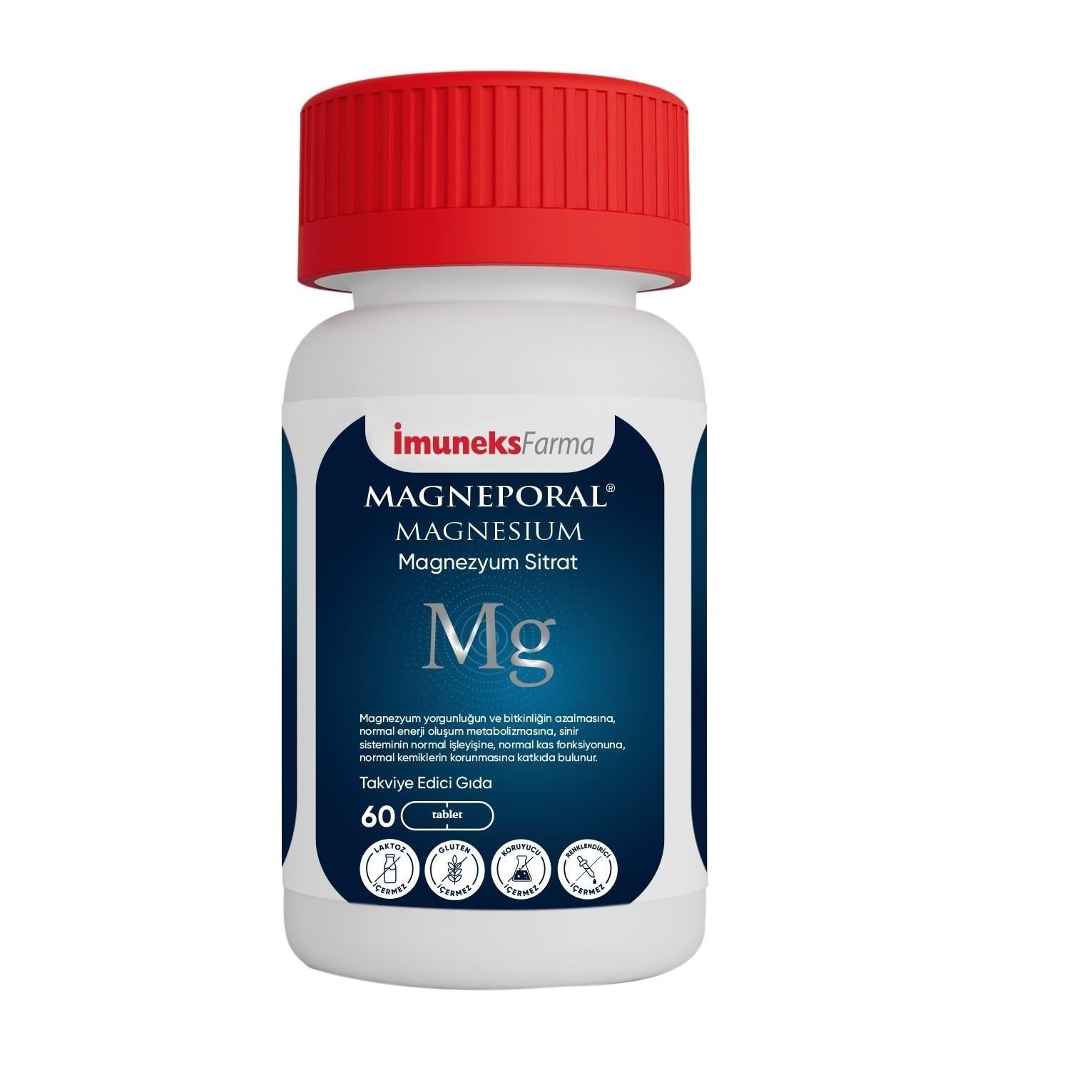 İmuneks Farma Magneporal Magnesium Citrate Supplement - 200mg Magnesium per Tablet, 60 Tablets - Supports Muscle Function & Energy Production Magnesium Citrate Supplement - 200mg Magnesium per Tablet Magnesium Supplement, Magnezyum Takviye Edici Gıda, Magnesium Citrate, Dietary Supplement, Health and Wellness, Muscle Function Support, Energy Production, Fatigue Relief, Muscle Cramp Relief