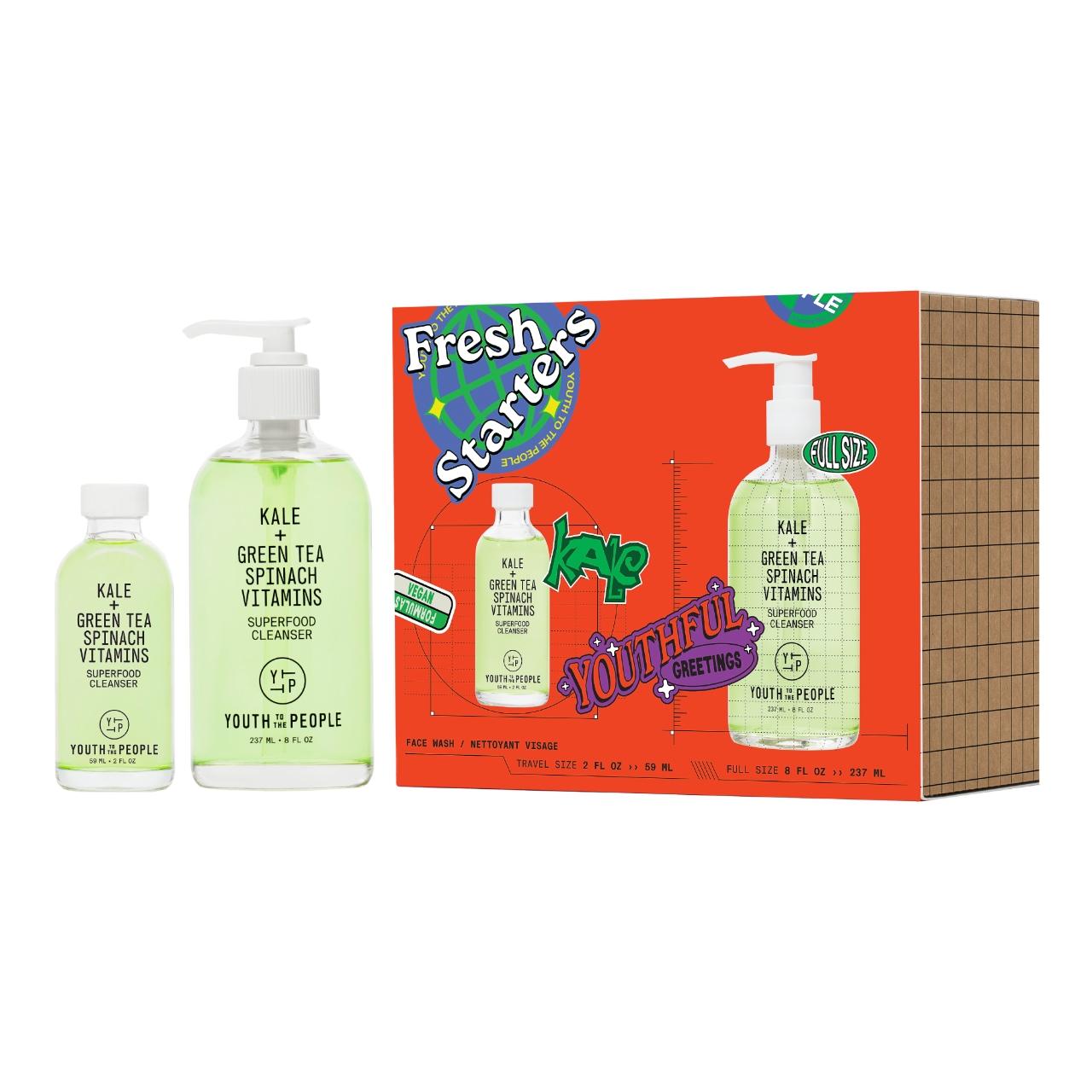 Fresh Starters Vegan Skincare Cleanser Set with Kale & Green Tea - Travel & Full Size Vegan Kale Cleanser Set - Travel & Full Size | Fresh Starters Skincare Cleanser, Vegan Skincare, Cruelty-Free Cleanser, Travel Skincare Set, Antioxidant Face Wash, Kale Cleanser, Green Tea Skincare, Skincare for Normal Skin, Skincare for Dry Skin, Skincare for Combination Skin, Skincare for Oily Skin, Uneven Texture Solution, Uneven Skin Tone Solution, Oiliness Control, Gift Sets for Her, Skincare Routine Essentials, Natur
