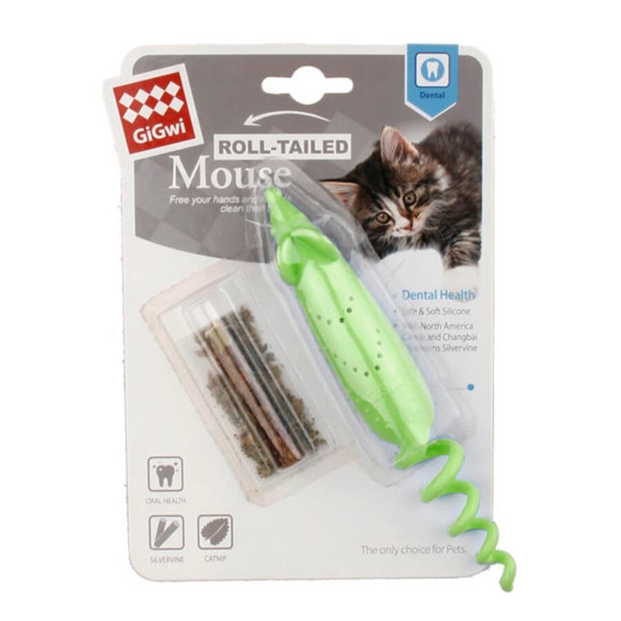 Gigwi Catnip Mouse Toy with Matatabi for Dental Health Green