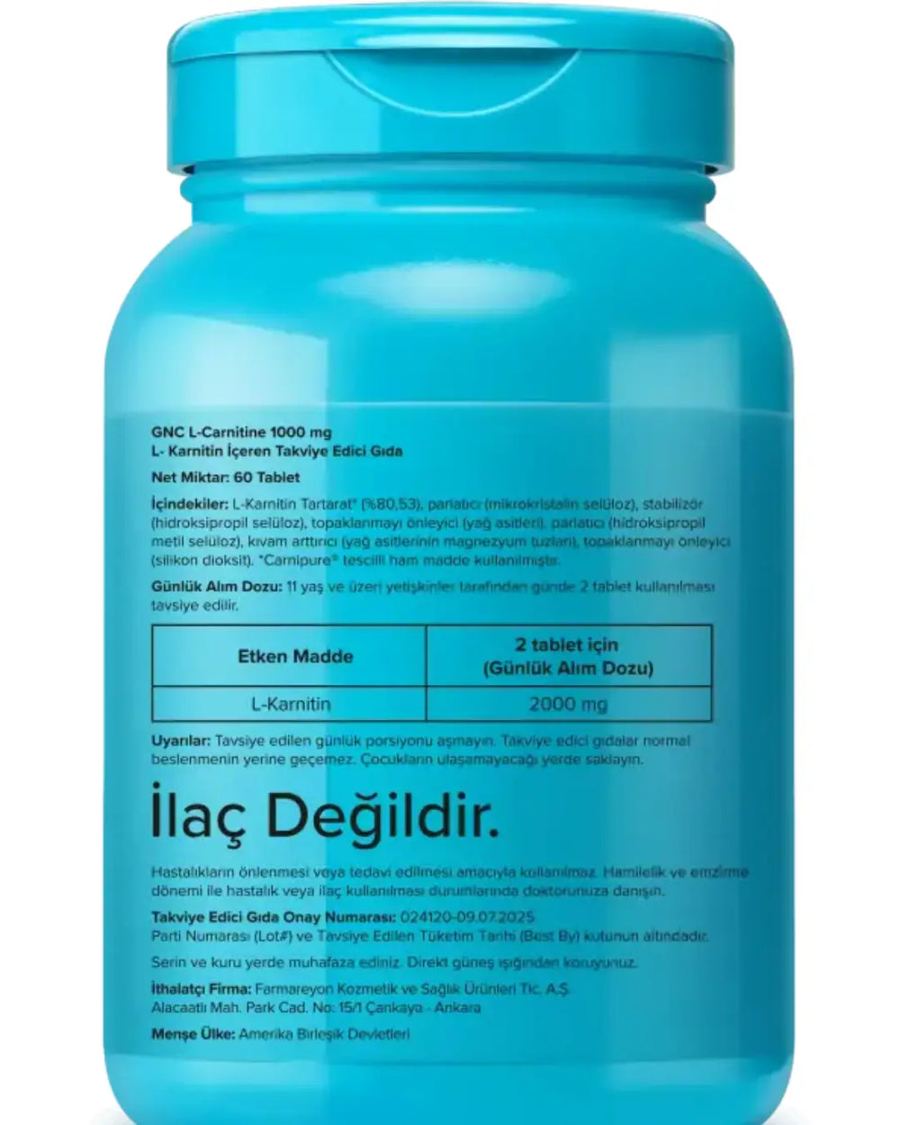GNC L-Carnitine 1000 mg 60 Tablets Dietary Supplement