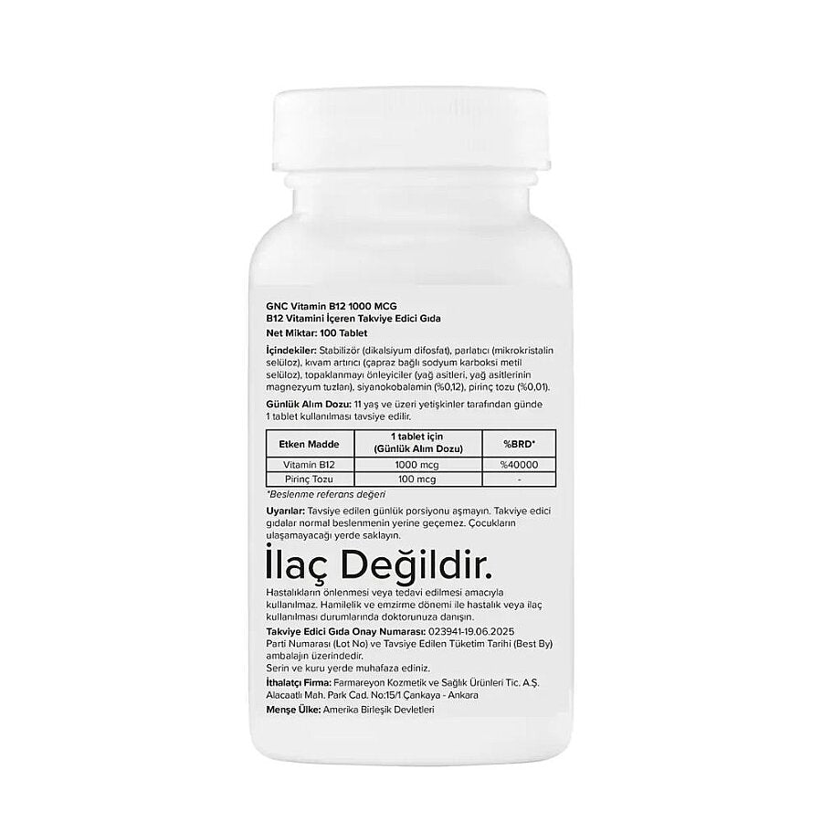 GNC Vitamin B12 1000 mcg Energy Support Supplement 100 Tablets