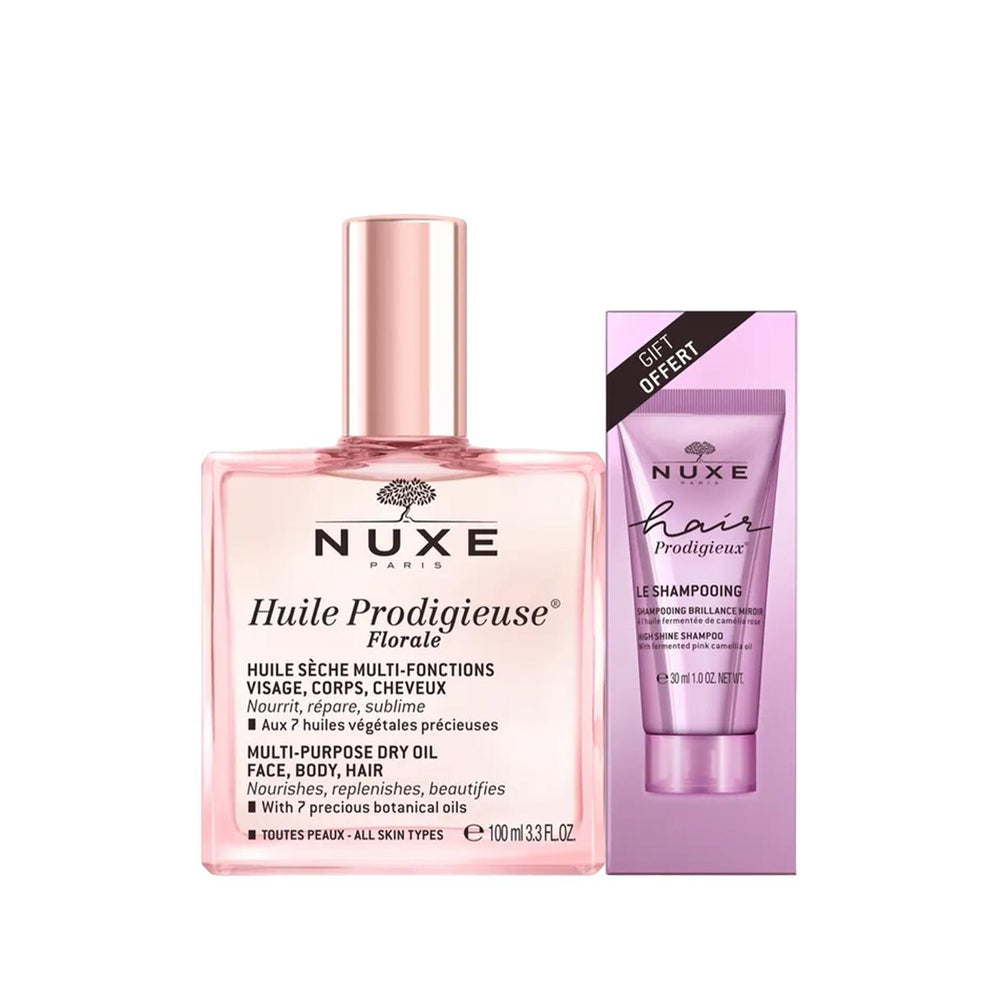 Nuxe Huile Prodigieuse Floral Multi-Purpose Dry Oil for Hair with Free Shampoo - Luxurious Hair Care Nuxe Huile Prodigieuse Floral Dry Oil for Hair Nuxe Huile Prodigieuse Floral, Multi-purpose dry oil for hair, Hair care product with free shampoo, Luxurious hair care, Natural hair nourishment, Hair nourishment, Dry oil for hair, Premium hair care, Hair care with shampoo, Gift with purchase, Hair moisturizer, Natural hair care, Hair care routine, Nuxe hair care