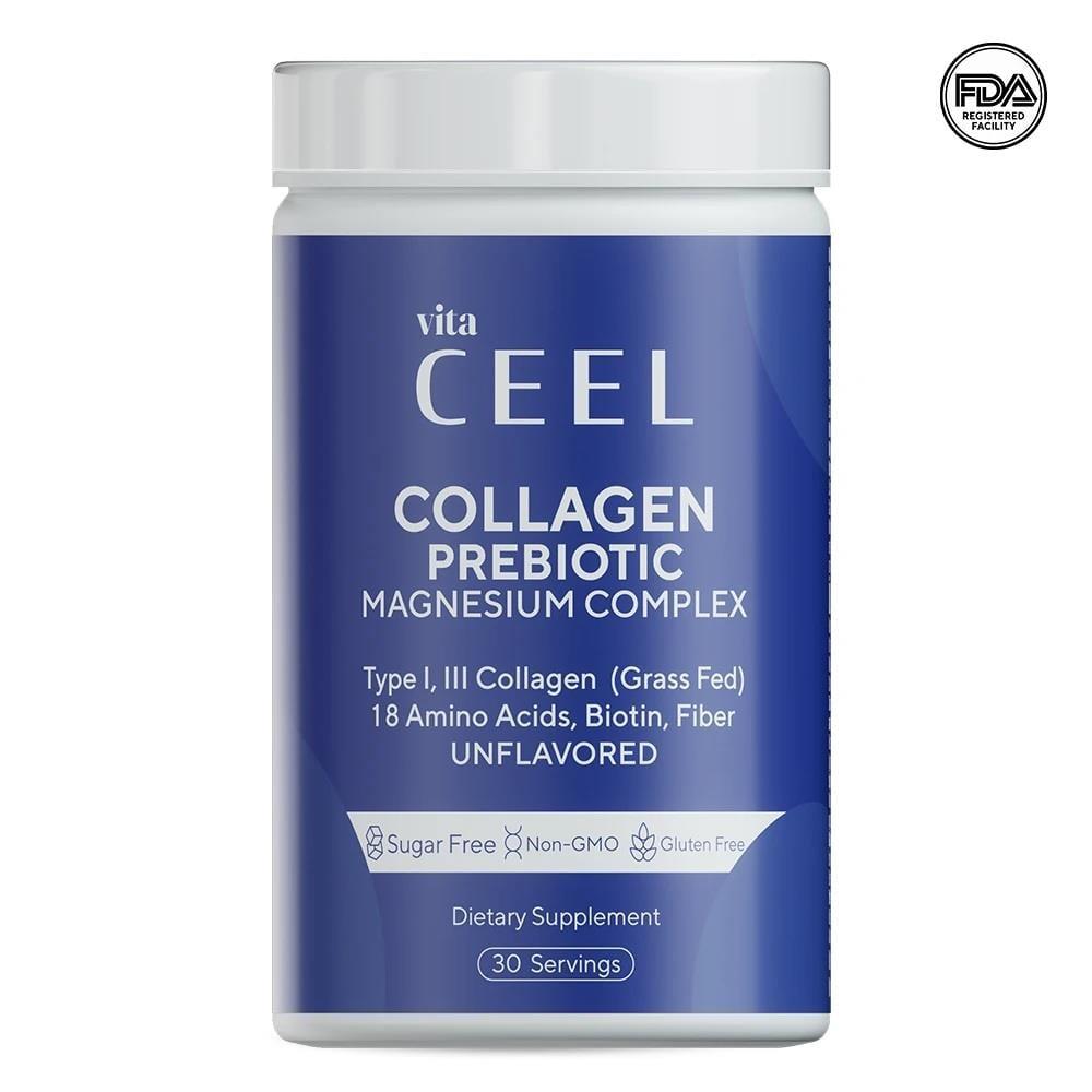 Vita Ceel Collagen Prebiotic Magnesium Complex Powder Supplement - Supports Skin, Joint, and Digestive Health Vita Ceel Collagen Prebiotic Magnesium Complex - Supports Skin & Joint Health Collagen Supplement, Magnesium Complex, Prebiotic Powder, Vitamin B Complex, Dietary Supplement for Skin and Joint Health, Health and Wellness, Digestive Health, Energy Boost, Anti-Aging, Beauty Supplement