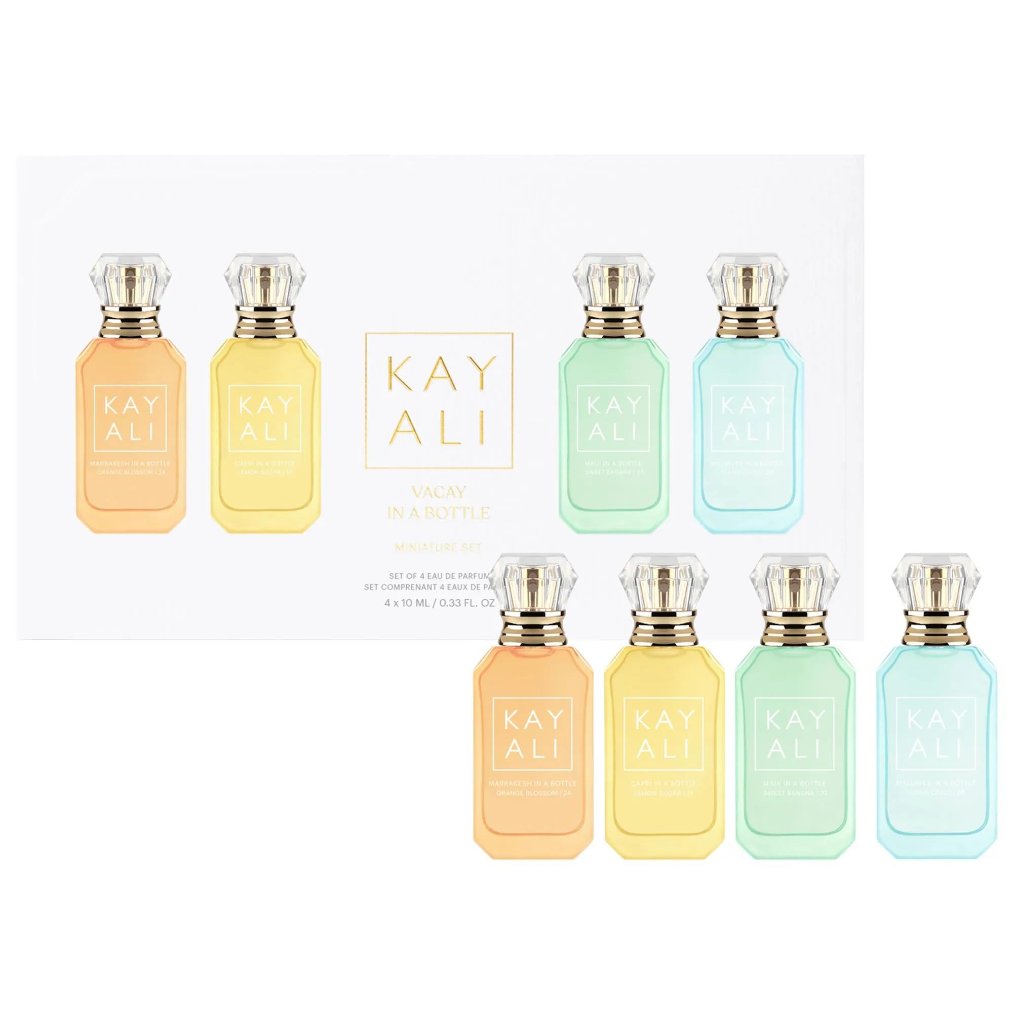 KAYALI Vacation In A Bottle Mini Perfume Set: Travel Fragrance Set with Orange Blossom, Lemon Sugar, Sweet Banana &amp; Ylang Coco - Luxury Scent Layering KAYALI Mini Perfume Set: Travel Fragrance &amp; Scent Layering mini perfume set, travel fragrance set, perfume sample set, fragrance layering set, vacation perfume set, designer perfume set, gift perfume set, fragrance gift set, KAYALI perfume, travel perfume, fragrance samples, perfume layering, women&#39;s perfume, luxury perfume, perfume gifts, gift for her, trave