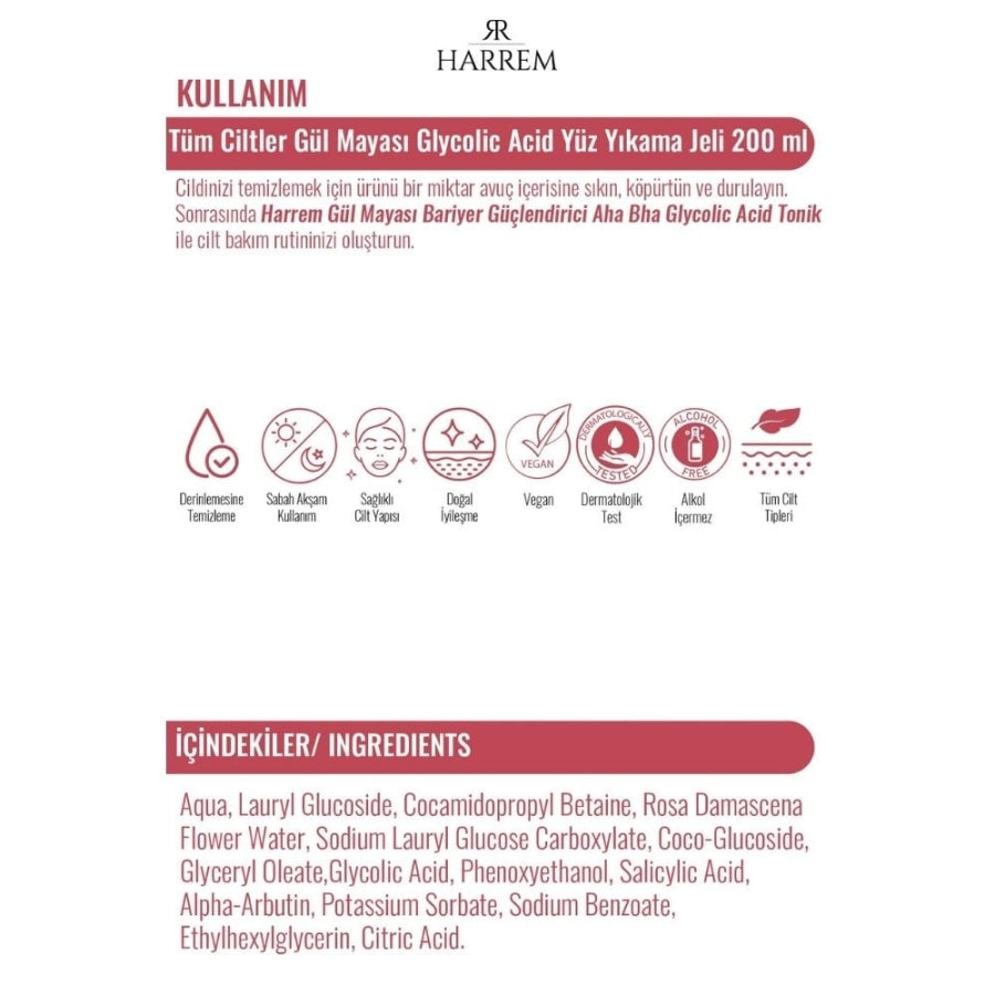 Harrem Rose Water & Glycolic Acid Gentle Face Wash 200ml
