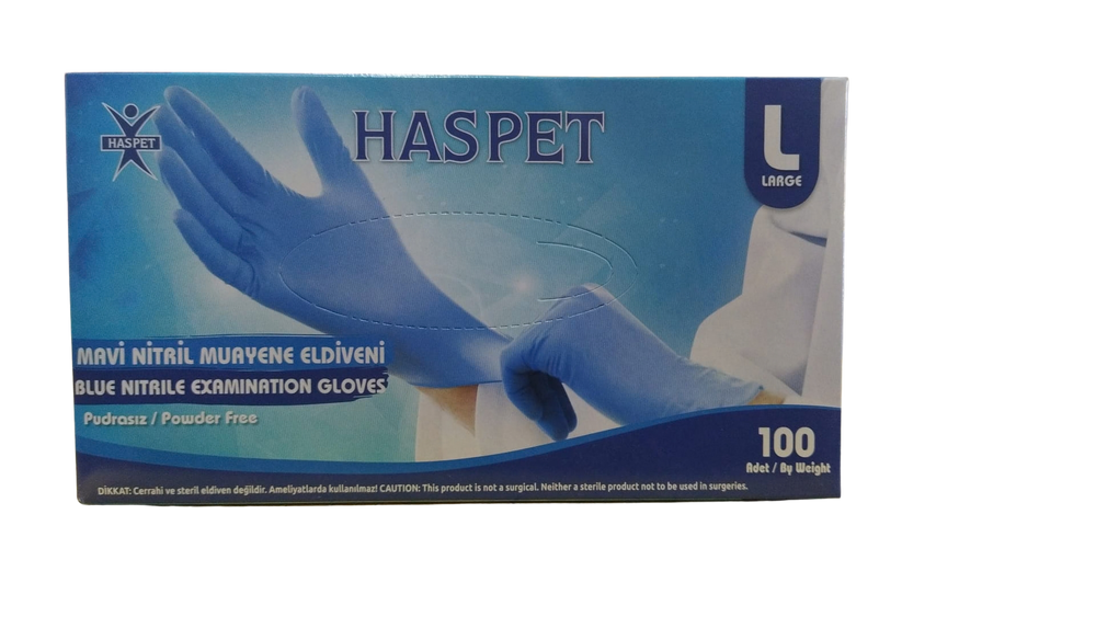 Haspet Blue Powder-Free Nitrile Examination Gloves Large 100 Count