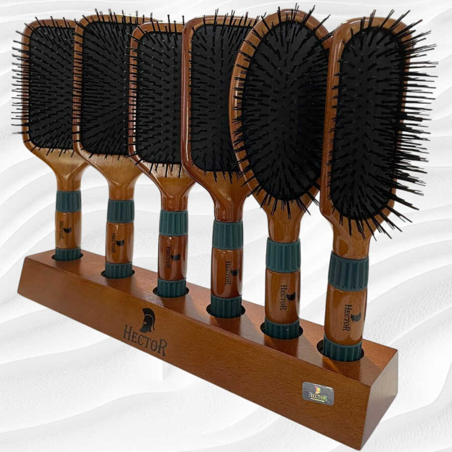 Hector Vent Wood Hair Brush Set with Stand 6 Pieces