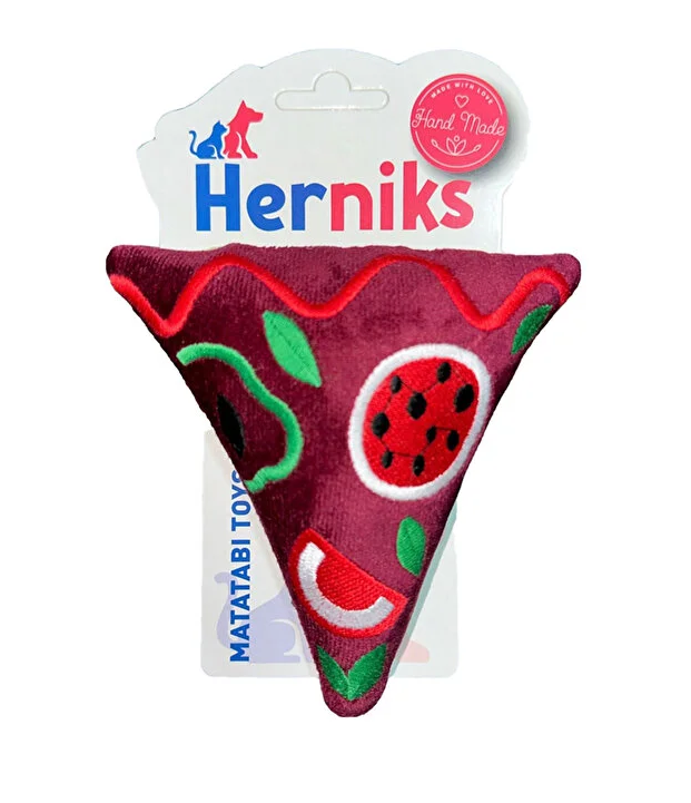 Herniks Pizza Squeaky Plush Dog Toy with Embroidery 14cm Burgundy
