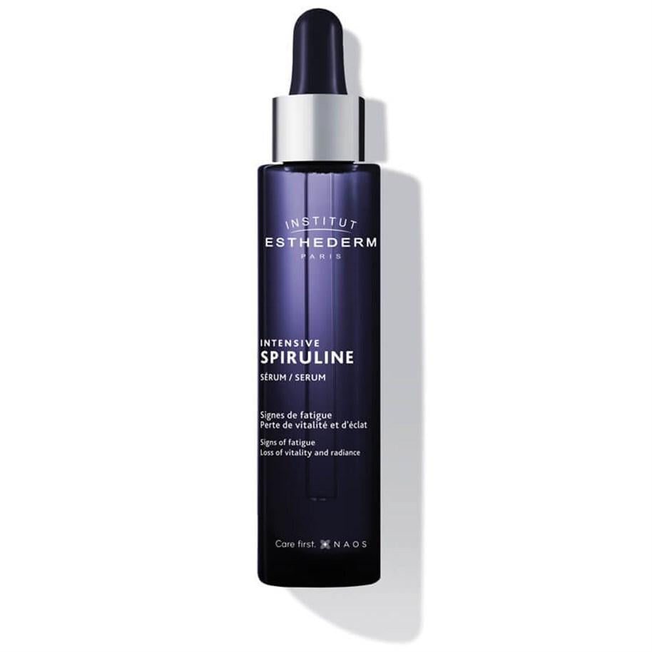 intensive spiruline serum bottle, Institut Esthederm serum application Institut Esthederm Intensive Spiruline Serum - 30 ml Institut Esthederm Intensive Spiruline Serum skincare, serum, spirulina, anti-aging, moisturizer, brightening, natural, dull-skin-treatment, all-skin-types, ai-generated