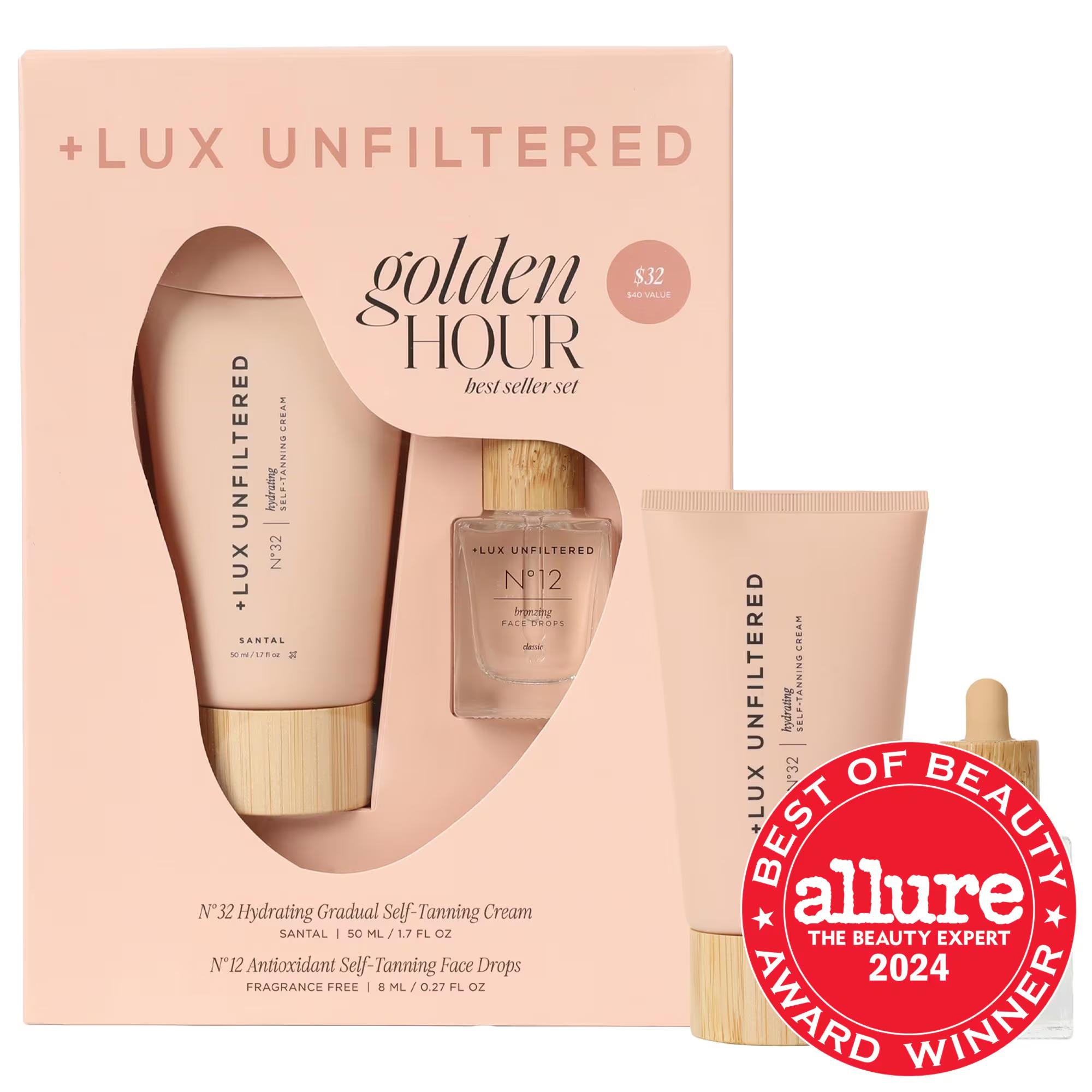 Mini Golden Hour: Hydrating Self Tanning Kit | Gradual Tan, Vegan, Cruelty-Free, Hyaluronic Acid + Face Drops - Natural-Looking Sunless Tan Mini Golden Hour Self Tanning Kit - Hydrating, Natural Sunless Tan self tanning kit, gradual self tanner, hydrating self tanner, vegan self tanner, cruelty-free self tanner, self tanning face drops, best self tanner for dry skin, natural looking self tan, santal scented self tanner, hyaluronic acid self tanner, self tanner, gradual tan, vegan tan, cruelty-free tan, face