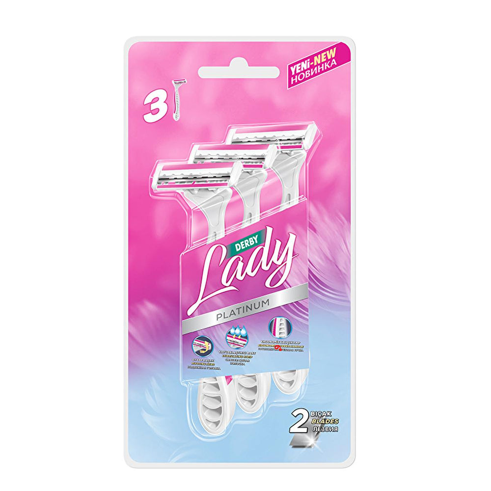 Derby Lady Platinum Women's Razor - 2-Blade Pivoting Head, Ergonomic Handle, 3-Pack - Skin Care