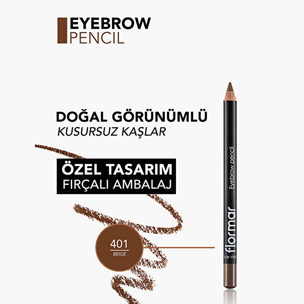 Flormar Eyebrow Pencil with Soft Tip and Built-in Brush - 401 Beige, Natural Eyebrow Makeup Flormar Eyebrow Pencil - Natural Eyebrow Makeup eyebrow pencil, Flormar, natural eyebrow makeup, long-lasting makeup, eyebrow brush, cosmetic, makeup, beauty, brow care, brow styling, 401 Beige