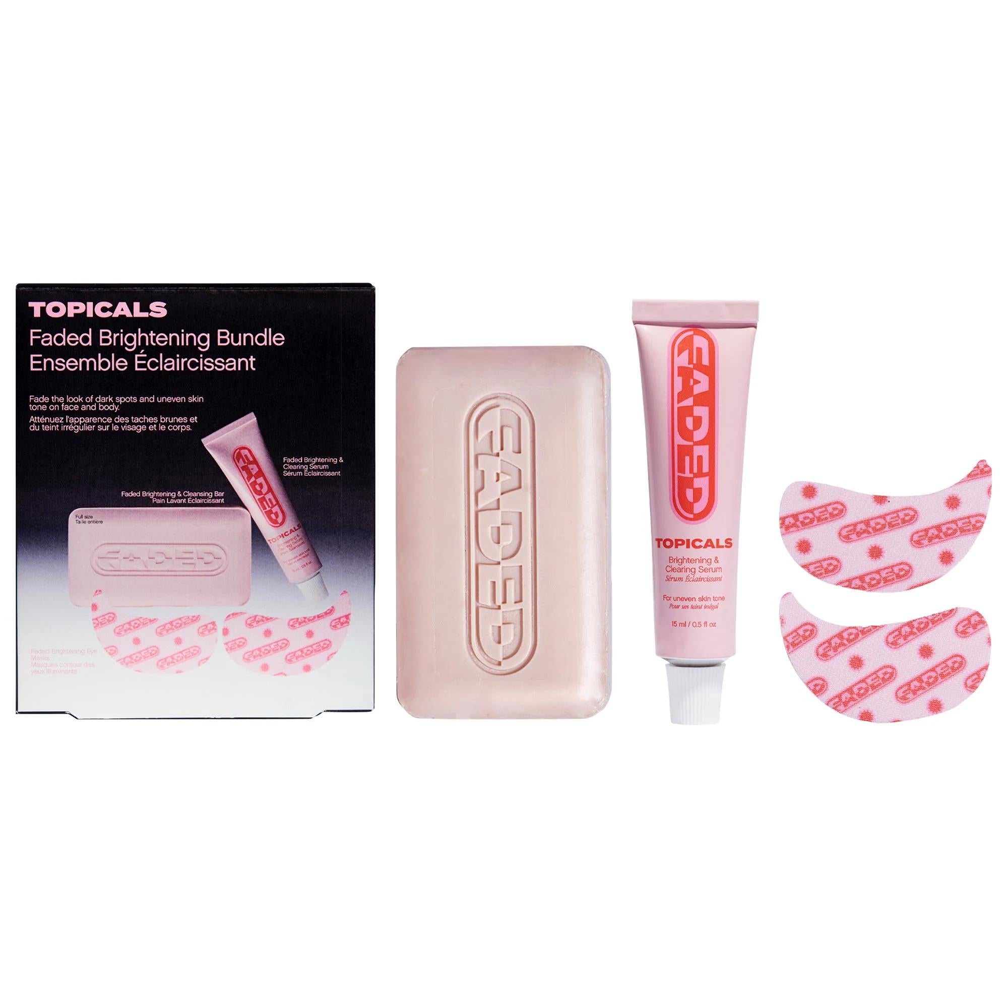 Faded: Brightening Bundle for Radiant Skin - Dark Spot Corrector, Hyperpigmentation Treatment, and Uneven Skin Tone Serum Faded Brightening Bundle: Dark Spot Corrector - Radiant Skin dark spot corrector, hyperpigmentation treatment, uneven skin tone serum, brightening skincare set, kojic acid serum, tranexamic acid treatment, niacinamide skincare, faded brightening serum, under eye brightening masks, brightening body bar, dark spots, hyperpigmentation, uneven skin tone, brightening, skincare, serum, eye mas
