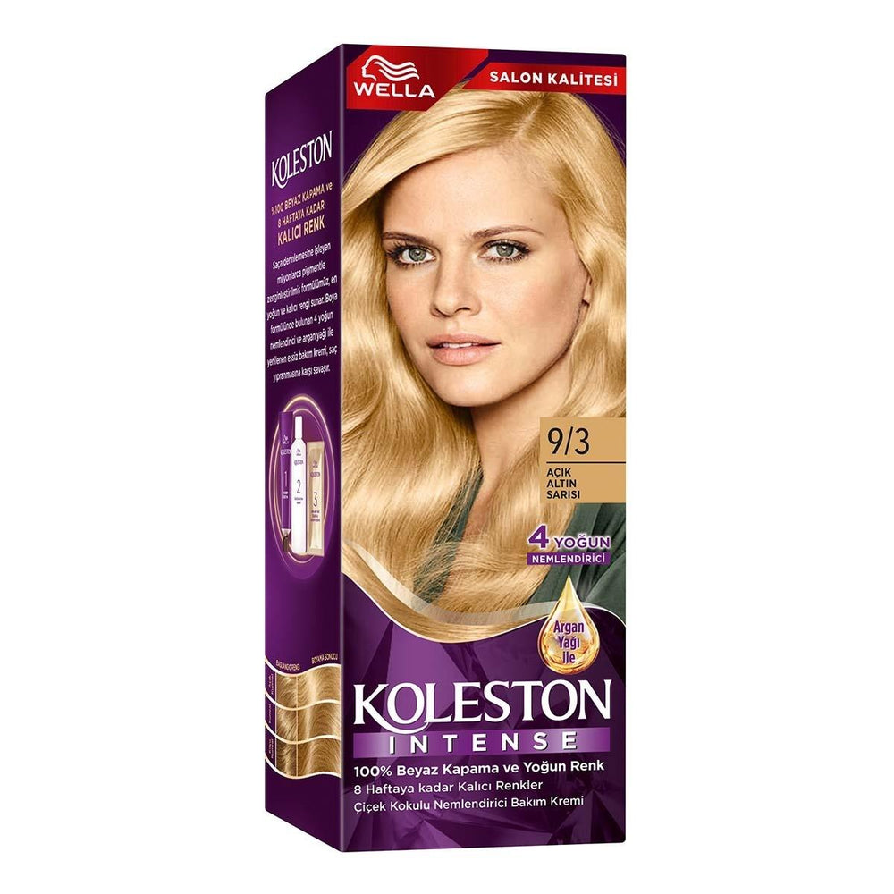 Wella Koleston Intense 9/3: Light Golden Blonde Hair Dye - 100% Gray Coverage, Argan Oil, and Long-Lasting Color Wella Koleston Light Golden Blonde Hair Dye: Gray Coverage & Argan Oil hair dye, permanent hair color, gray coverage hair dye, argan oil hair color, Wella Koleston hair dye, light golden blonde hair dye, at home hair color, long lasting hair color, hair coloring kit, hair dye with argan oil, hair color, hair coloring, blonde hair dye, golden blonde hair, light blonde hair, hair treatment, argan o