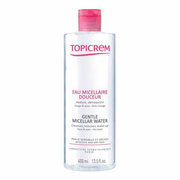 topicrem gentle micellar water face and eyes 400ml bottle, application of topicrem micellar water on skin Topicrem Gentle Micellar Water - Face and Eyes | 400ml Topicrem Gentle Micellar Water - Sensitive Skin topicrem, micellar-water, sensitive-skin, makeup-remover, face-cleanser, gentle-cleansing, skincare, paraben-free, 400ml, ai-generated