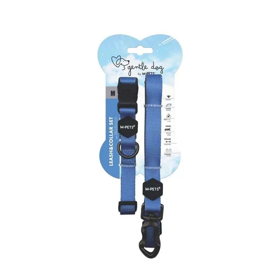 M-Pets Gentle Dog Collar and Leash Set Blue Medium