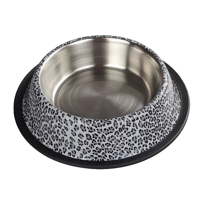 Oripet White Leopard Steel Pet Bowl with Non-Slip Base 16 oz