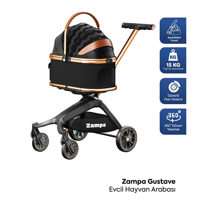 Zampa Gustave Pet Stroller Foldable Travel Carrier Black