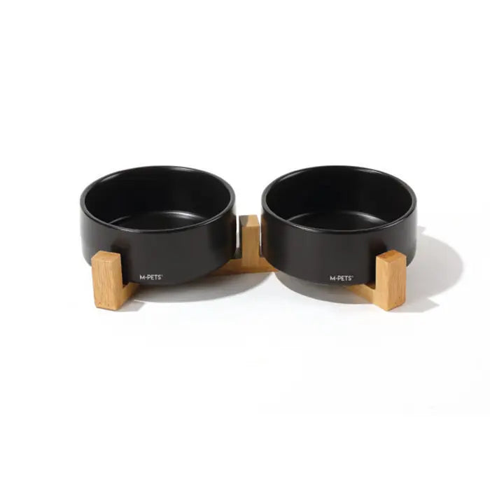 M-Pets Opera Ceramic Pet Bowl with Bamboo Stand 2x350ml Black