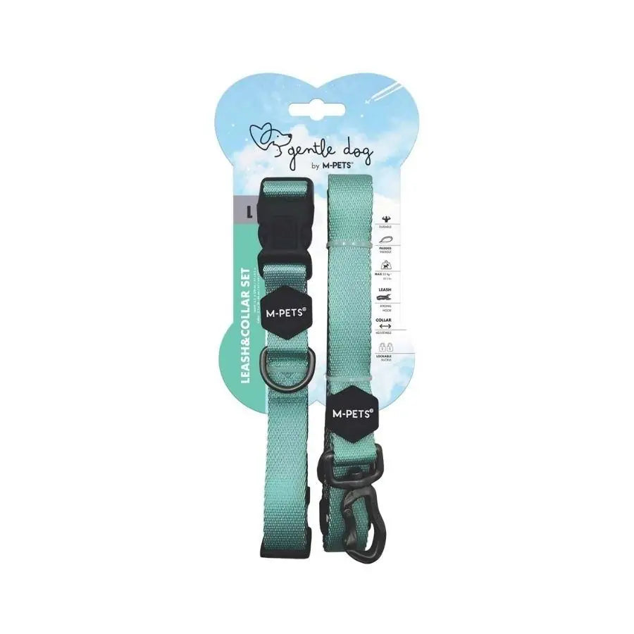 M-Pets Gentle Dog Collar and Leash Set Green L