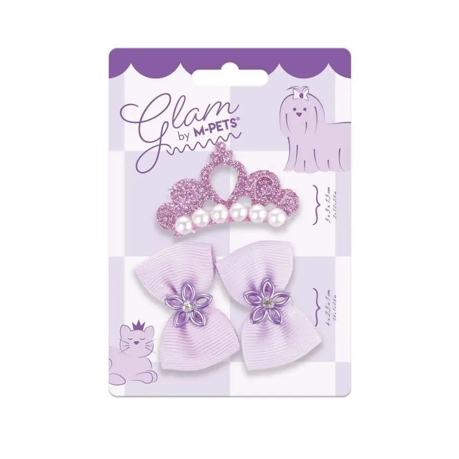 M-Pets Glam Crown and Bow Accessory Set for Cats and Dogs Purple