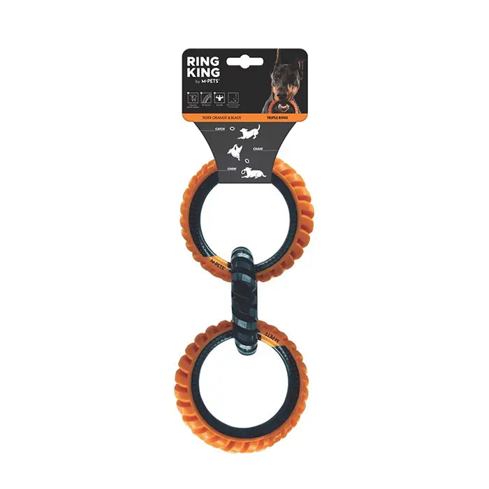 M-Pets Ring King Triple Dog Toy Durable Chew & Tug Ring Orange