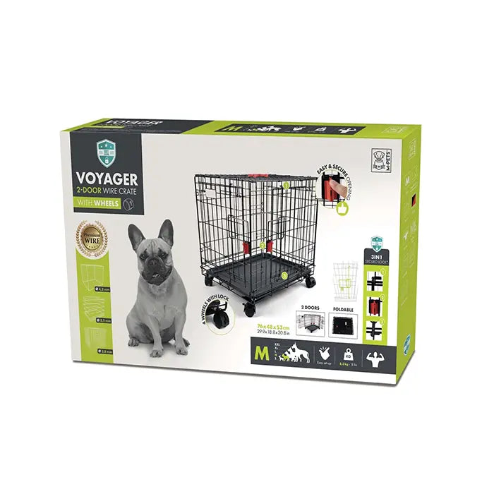 M-Pets Voyager Medium 2-Door Rolling Dog Crate Black 76x48x53cm