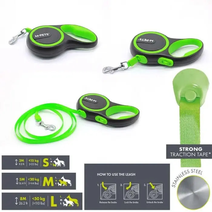 M-Pets Liberty Retractable Dog Leash 8m Tape Green Large