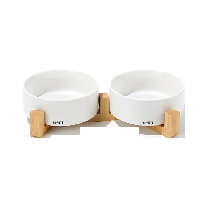 M-Pets Opera Ceramic Pet Bowl with Bamboo Stand 2x850ml White