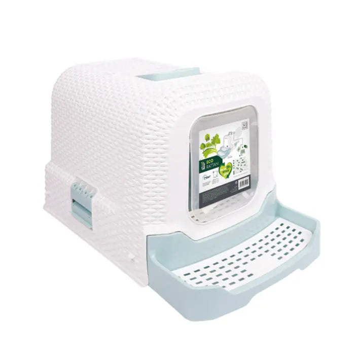 M-Pets ECO Rattan Hooded Cat Litter Box White & Blue 69x42x41cm