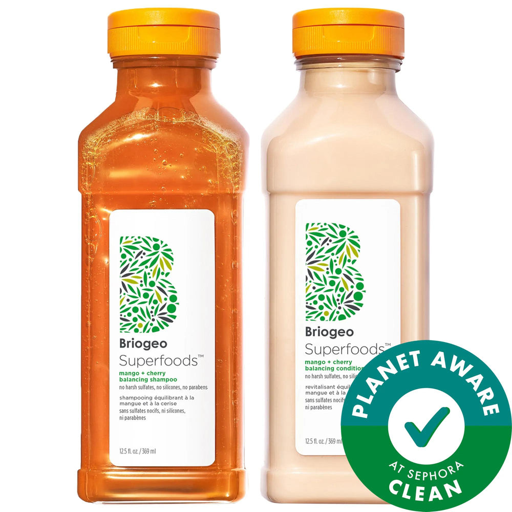 Briogeo Superfoods Mango + Cherry Shampoo and Conditioner Duo - Natural, Vegan, Sulfate-Free Hair Care for Oil Control Briogeo Superfoods Mango + Cherry Shampoo & Conditioner Duo - Natural & Vegan natural shampoo and conditioner, vegan hair care products, sulfate-free shampoo, silicone-free conditioner, oil control hair care, eco-friendly hair care, cruelty-free hair care, gluten-free hair care, Briogeo, Superfoods Mango + Cherry, hair care duo, balancing shampoo, nourishing conditioner