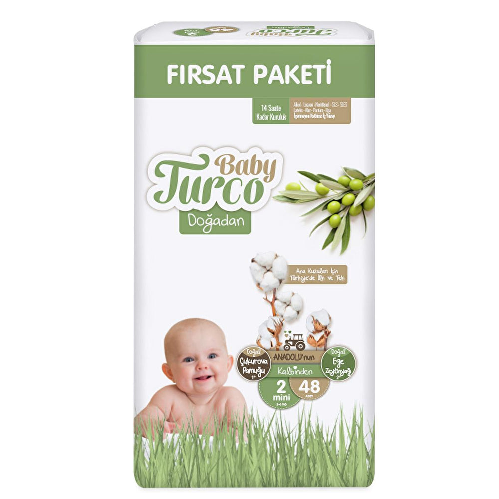 Baby Turco Natural Baby Diapers, Size 2, 48 Count - Gentle Cotton, Olive Oil Infused for Sensitive Skin - Baby Care