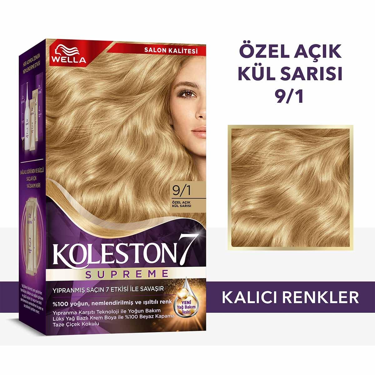 Wella Koleston Supreme 9/1 Light Ash Blonde Hair Dye Kit - Intense Color, Moisture & 100% Gray Coverage for Radiant, Healthy Hair Wella Koleston 9/1 Light Ash Blonde Hair Dye - Radiant Color & Care hair dye, light ash blonde hair dye, Koleston Supreme, hair color kit, permanent hair color, 9/1 hair dye, luxury hair dye, hair coloring, at home hair dye, ash blonde hair color, hair, hair color, ash blonde, light blonde, gray coverage, hair conditioning, hair repair, Plex technology, Lüks Krem Boya, Yağ Bakım 