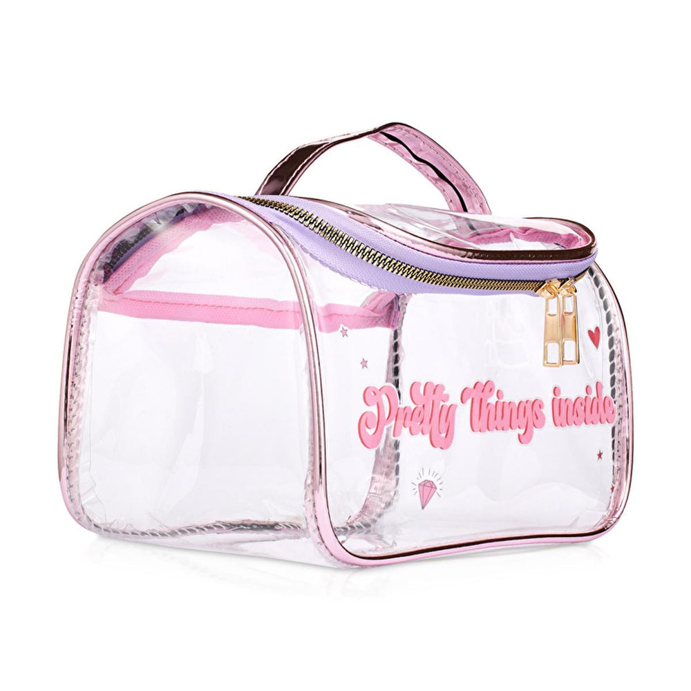 Eklips Hologram Handbag - Unique Clear PVC Bag with Mirror Leather Accents & Bone Zipper - Beauty Accessories