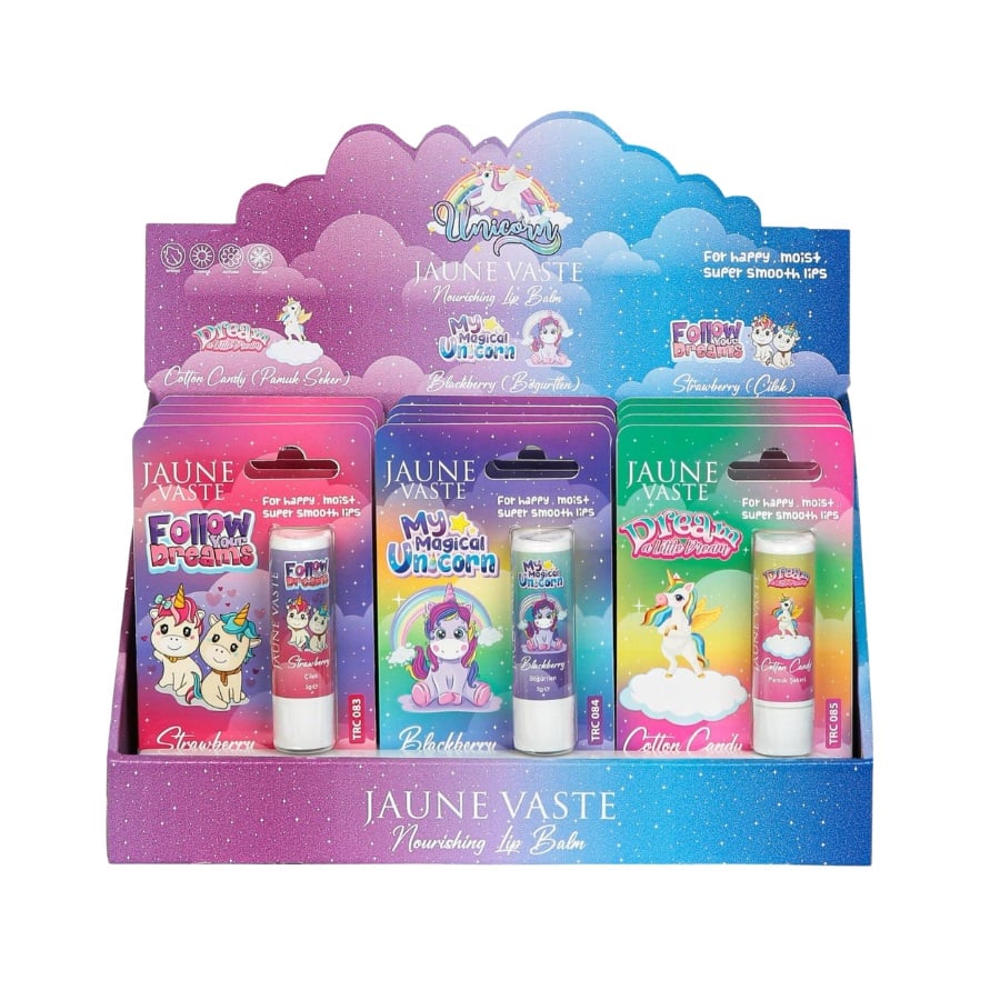 Jaune Vaste Kids Lip Balm Unicorn Stand, 12 Pack Flavored Lip Balms