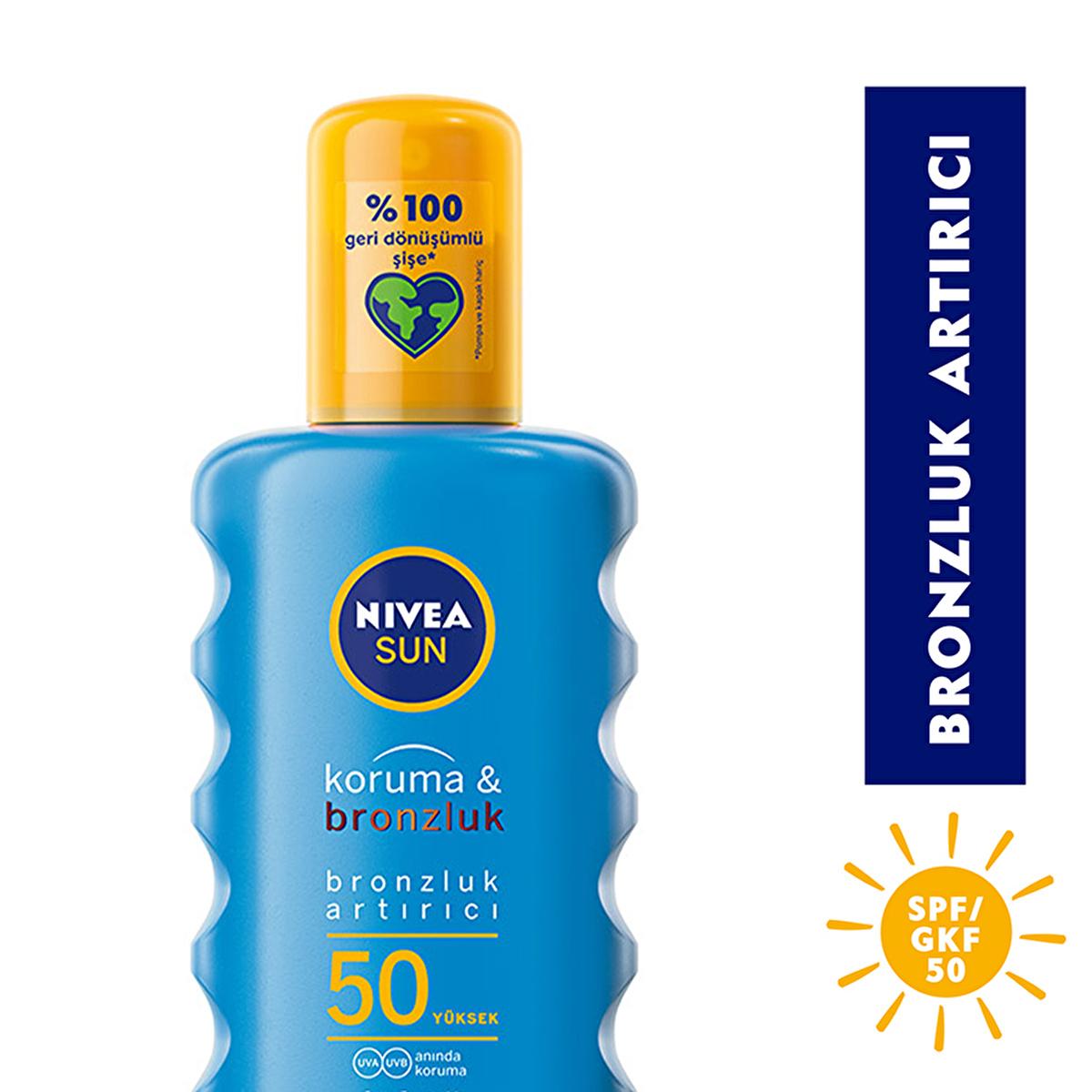 Nivea Sun SPF 50 Sunscreen Spray: High UVA/UVB Protection &amp; Natural Bronzing - Ocean Friendly &amp; Water Resistant, 6.76 fl oz Nivea SPF 50 Sunscreen: Tan &amp; Protect, Ocean Friendly SPF 50 sunscreen, bronzlaştırıcı güneş kremi, tanning sunscreen, ocean friendly sunscreen, sunscreen for sensitive skin, high protection sunscreen, water resistant sunscreen, UVA UVB protection, Nivea sun spray, sunscreen spray, sunscreen, sun protection, tanning, natural tan, sensitive skin, broad spectrum, water resistant, UVA pro