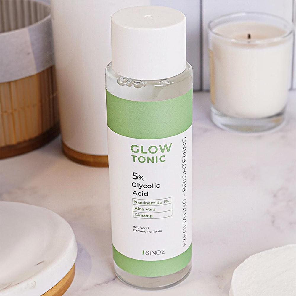 Sinoz Glow Tonik: Glycolic Acid Facial Toner for Exfoliating, Brightening & Pore Minimizing - Aloe Vera, Ginseng, Niacinamide - Radiant Skin Sinoz Glycolic Acid Toner: Exfoliate, Brighten & Minimize Pores glycolic acid toner, pore minimizing toner, exfoliating facial toner, aloe vera skin toner, ginseng toner for face, niacinamide toner, glow tonik, skin brightening toner, toner for oily skin, toner for sensitive skin, facial toner, glycolic acid, aloe vera, ginseng, niacinamide, pore tightening, exfoliatin