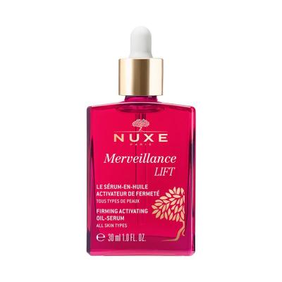 nuxe merveillance lift firming activating oil-serum 30 ml, bottle of nuxe oil-serum with floral background Nuxe Merveillance Lift Firming Activating Oil-Serum | 30 ml Nuxe Merveillance Lift Oil-Serum | Firming 30 ml nuxe, oil-serum, firming-treatments, anti-aging, skin-elasticity, luxury-skincare, hydration, serum-for-women, beauty-products, ai-generated