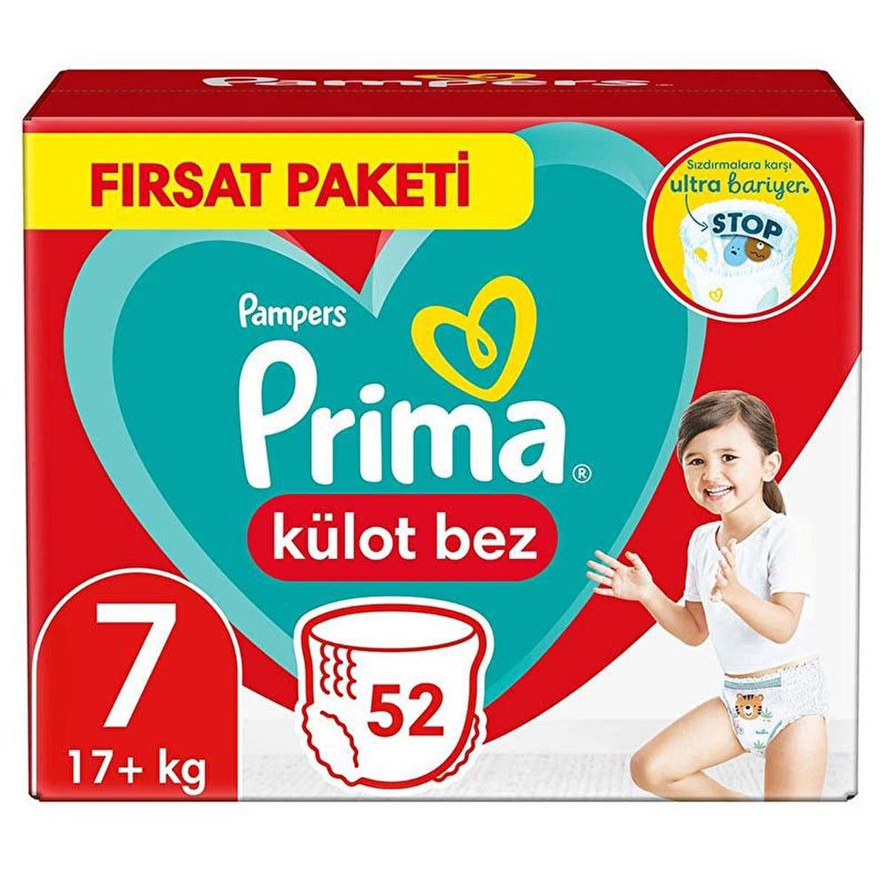 Prima Pampers Disposable Diapers Külot Bez 7 Beden 52 Count - Leak Proof, Easy Change, Comfort Fit - Baby Care