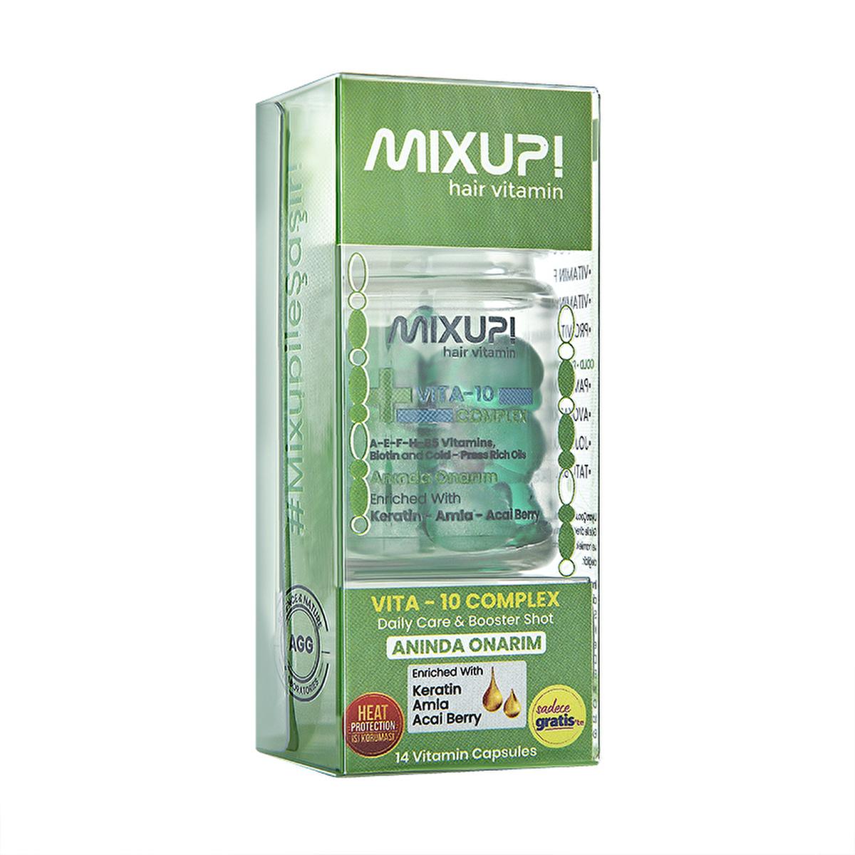 mixup vita 10 complex hair vitamin booster capsules, bottle of mixup vita 10 complex for damaged hair Mixup! Vita 10 Complex Hair Vitamin & Booster - For Damaged Hair | 10 Capsules Mixup! Vita 10 Complex Hair Vitamin Booster mixup, hair-vitamin, damaged-hair, hair-care, hair-booster, vitamin, silky-hair, nourishing, heat-protection, ai-generated