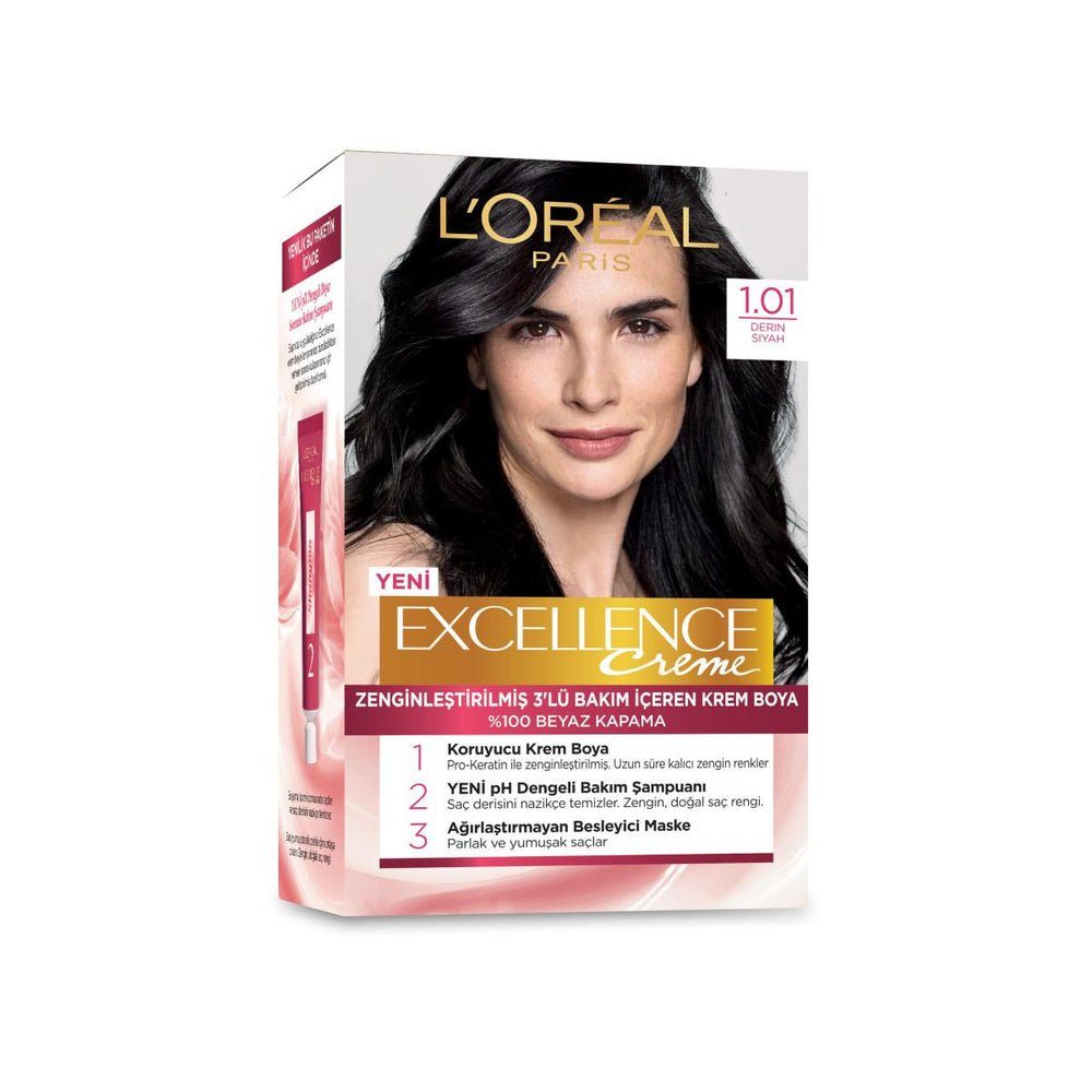L'Oreal Paris Excellence Creme 1.01 Deep Black Hair Dye: 100% Gray Coverage, Long-Lasting Color & Keratin Protection L'Oreal Deep Black Hair Dye: 100% Gray Coverage & Keratin hair dye, gray coverage hair color, permanent hair color, Loreal hair dye, black hair dye, hair color with keratin, hair color with ceramide, long lasting hair color, hair color for gray hair, Excellence Creme hair dye, hair coloring, hair care, at-home hair color, triple care formula, hair nourishment, hair protection, color treatment
