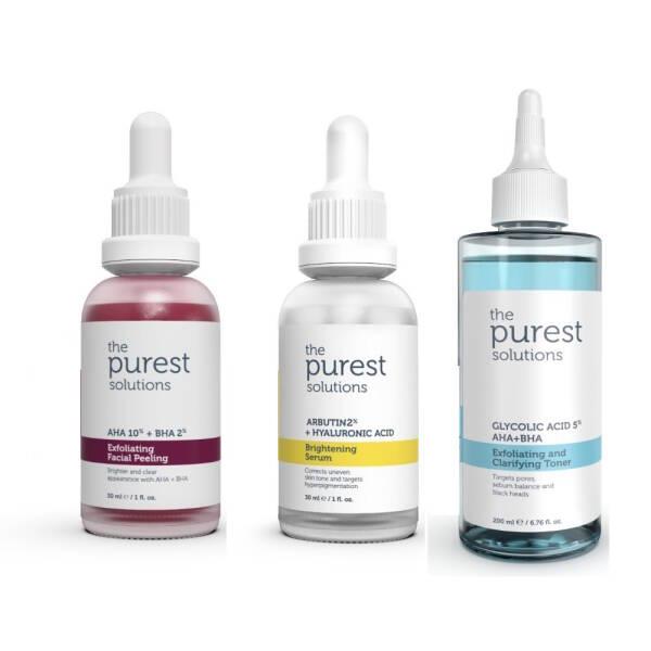 The Purest Solutions Skincare Set - Exfoliating, Brightening, and Toning for Uneven Skin Tone and Texture The Purest Solutions Skincare Set - Exfoliate, Brighten & Tone Skincare set, Exfoliating skincare, Brightening serum, Toner, AHA BHA exfoliant, Glycolic acid skincare, Arbutin brightening serum, Hyaluronic acid skincare, uneven skin tone, hyperpigmentation, skincare routine, skin texture, pore minimization, cosmetics, skincare products, beauty essentials