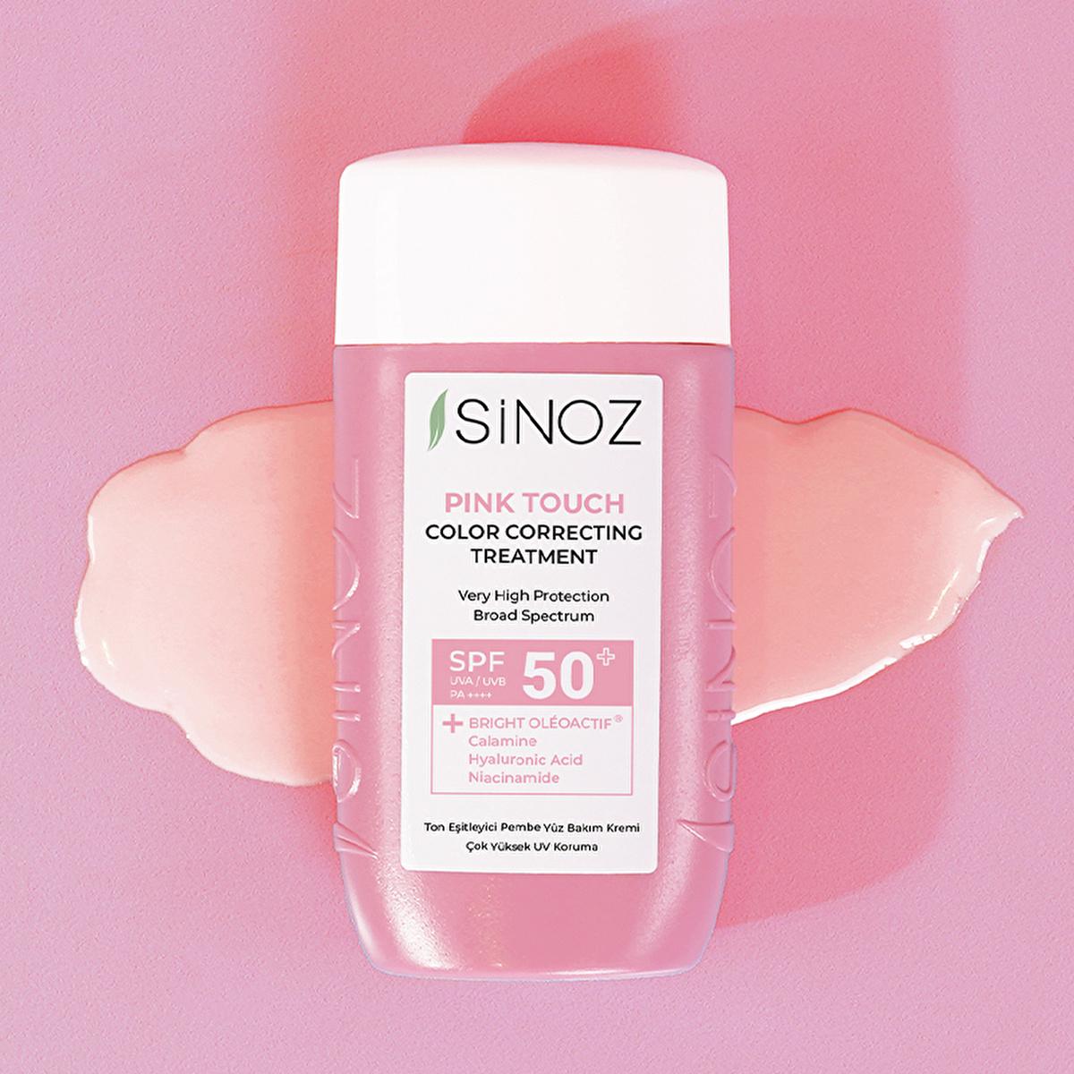 Sinoz Pink Touch SPF50+ Tone-Up Sunscreen: Color Correcting, Redness Reducing, and Brightening Mineral Facial Sunscreen with Hyaluronic Acid - 1.69 fl oz Sinoz Pink Touch SPF50 Sunscreen: Tone-Up &amp; Color Correcting pink sunscreen, tone-up sunscreen, color correcting sunscreen, SPF50 sunscreen for face, sunscreen for redness, sunscreen for sensitive skin, brightening sunscreen, mineral sunscreen, facial sunscreen, sun protection, redness reduction, even skin tone, hyaluronic acid, niacinamide, bright oleoact